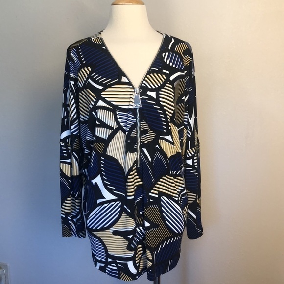 Nwot ALFANI Size 0X Bold Pattern 3/4 Dolman Sleeve Zip Front Professional Top - Picture 2 of 8